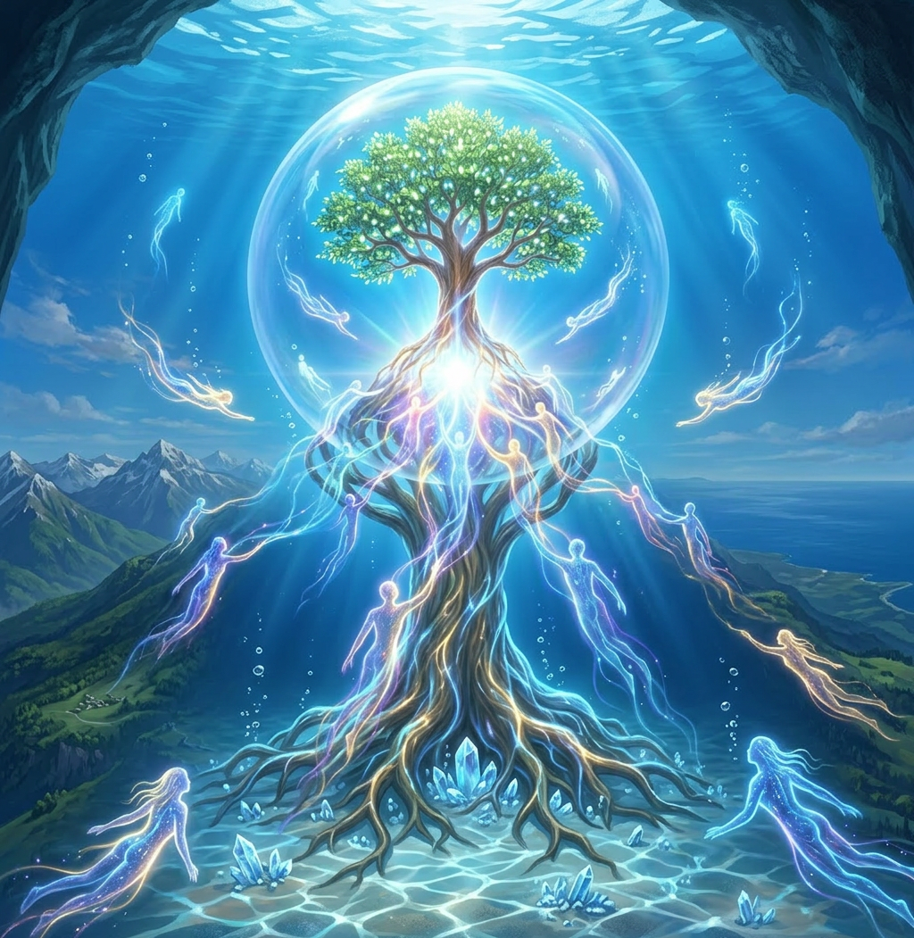 Spiritual Tree of Life Connection Glowing tree with roots and ethereal human shapes under a transparent bubble in a mountain and ocean setting