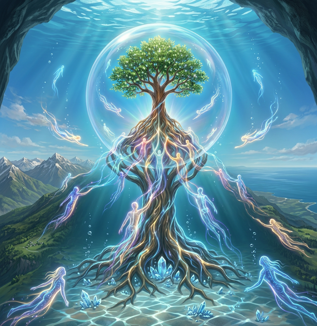 Glowing tree with roots and ethereal human shapes under a transparent bubble in a mountain and ocean setting