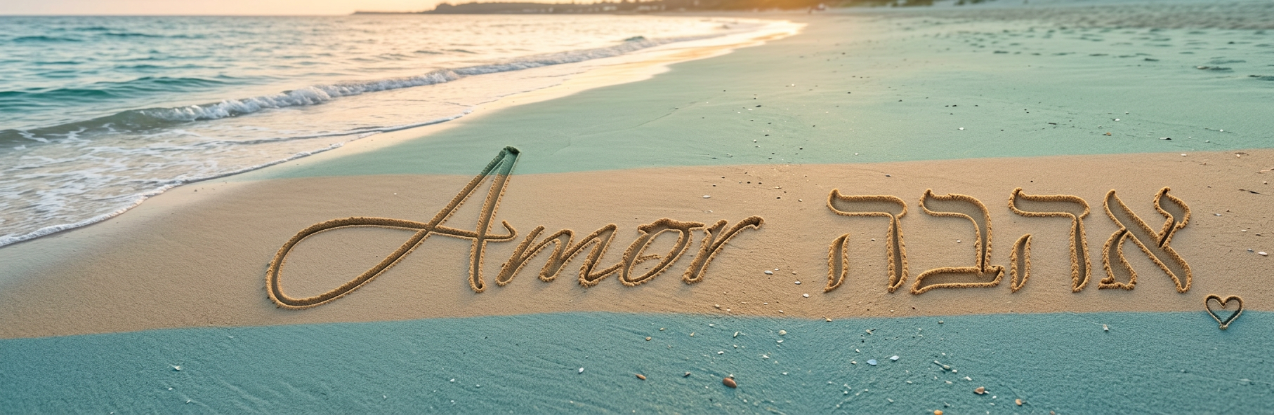 Love written on sandy beach shore The word 'Amor' and Hebrew letters spelling love written in sand near the ocean shore with a small heart.