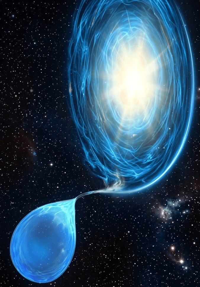 Bright white hole emitting energy stream connected to a blue gaseous drop in space